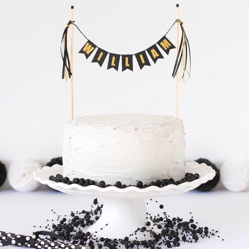 black and gold personalized name cake topper for birthday cake