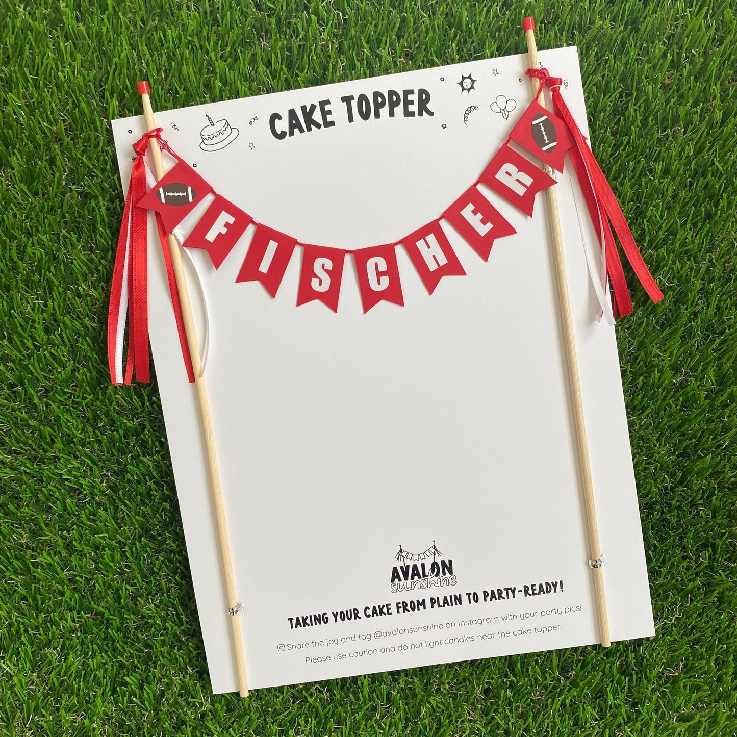 football theme cake topper personalized  with name red and white |  Avalon Sunshine