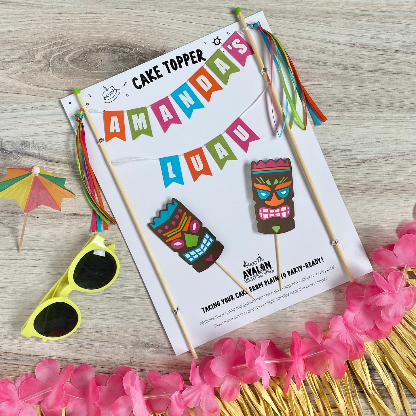 hawaiian luau birthday cake topper with cake banner and tikis