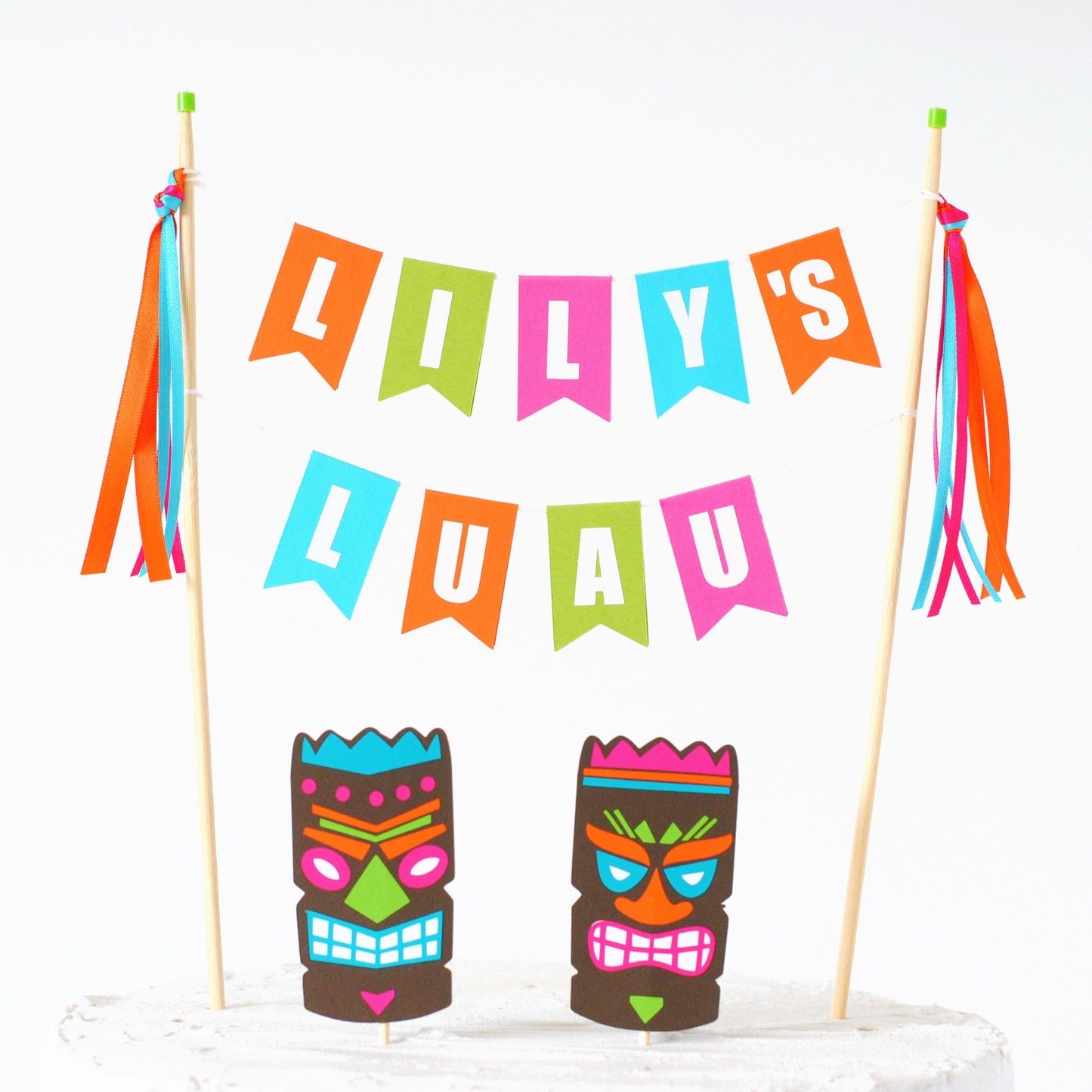 personalized Hawaiian Luau cake topper with tiki mask toppers
