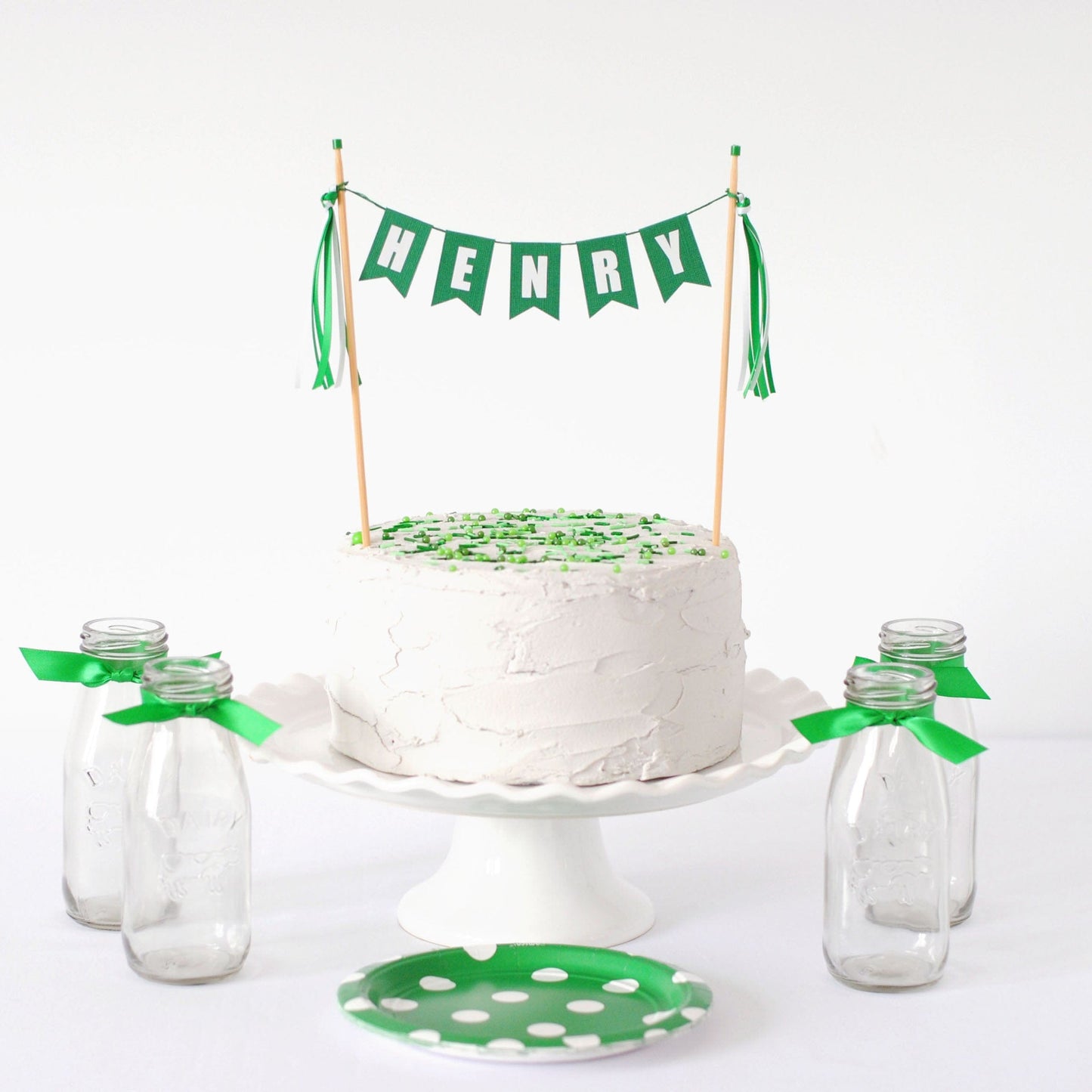 green and white personalized name cake topper