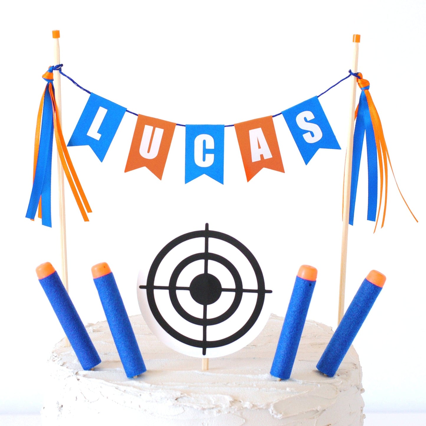 nerf cake topper set with personalized name banner, round target and foam darts