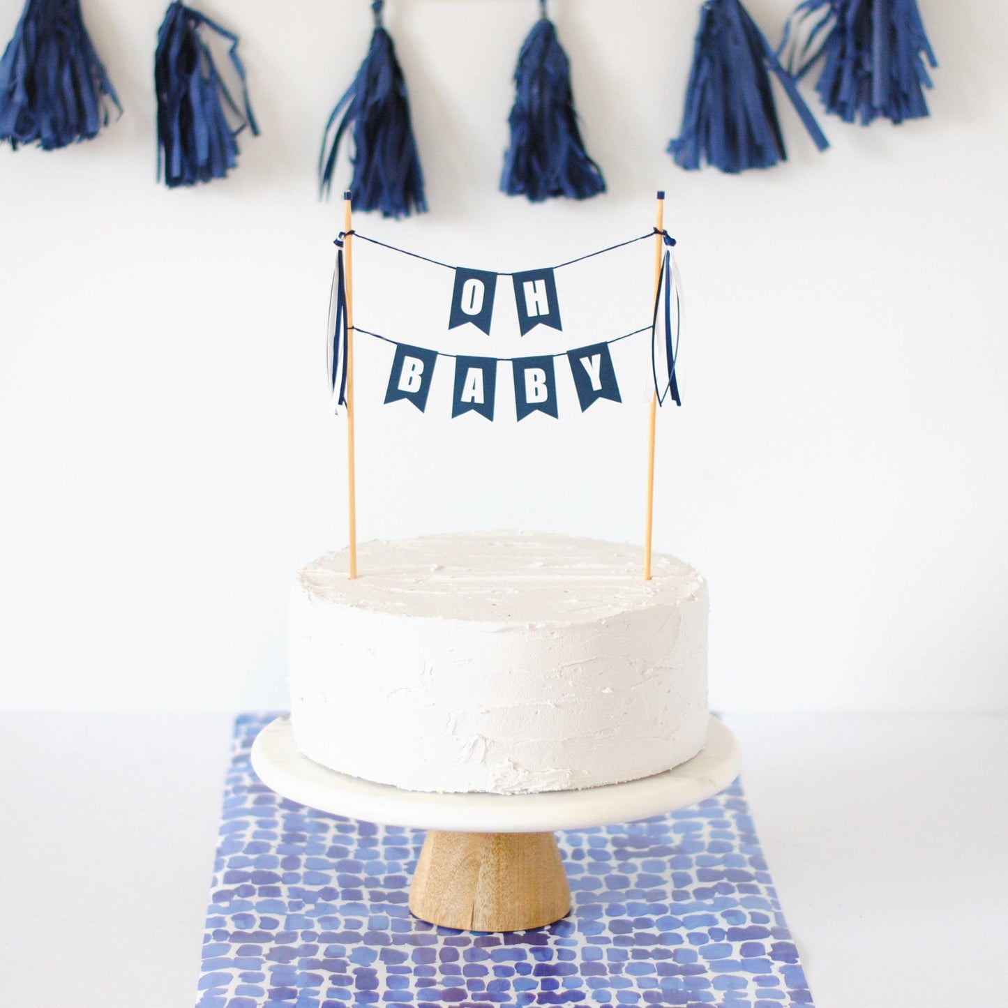 navy blue "oh baby" two tier cake banner for baby shower