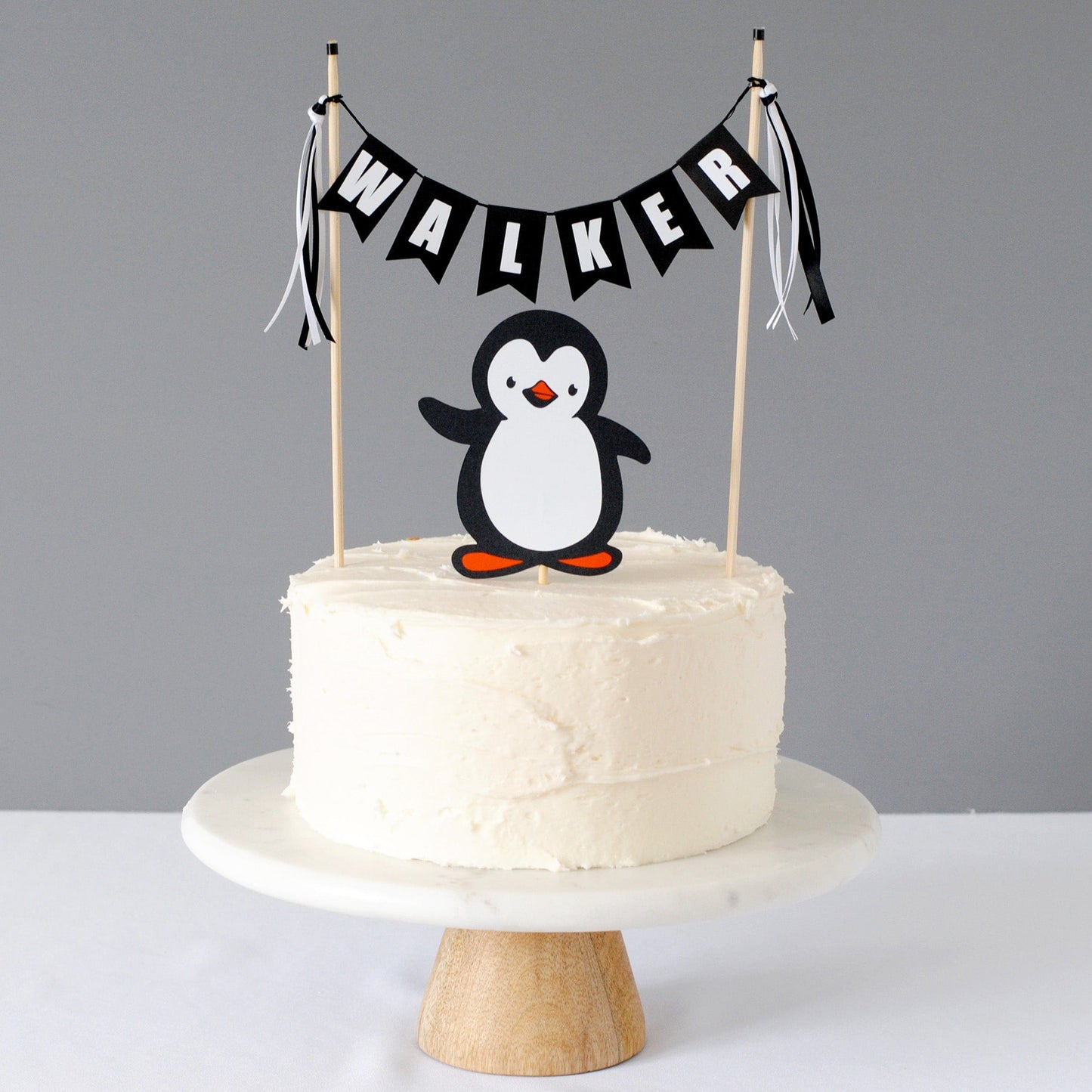 kids penguin theme birthday cake topper with personalized name banner