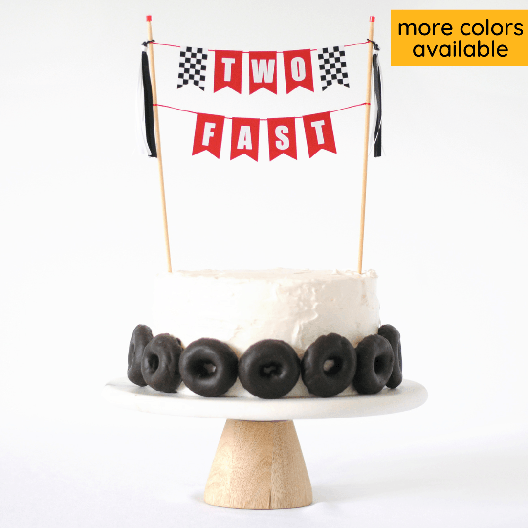 TWO FAST race car theme birthday cake topper with checkered racing flags | personalized cake toppers by Avalon Sunshine