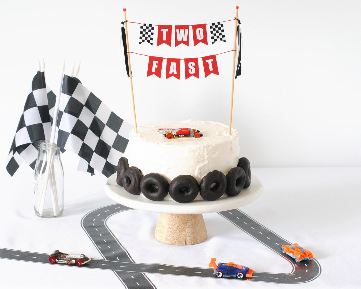 TWO FAST theme birthday cake with racing flags | personalized cake topper by Avalon Sunshine