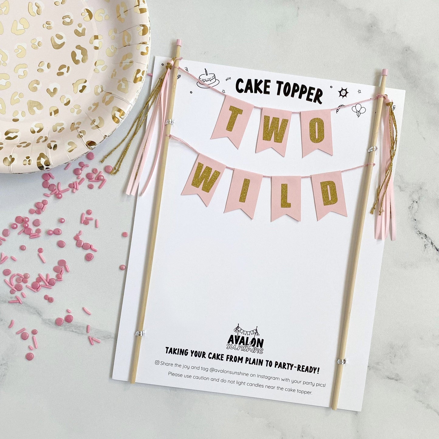 "TWO WILD" birthday cake topper for girls in pink and gold glitter | custom cake toppers made by Avalon Sunshine