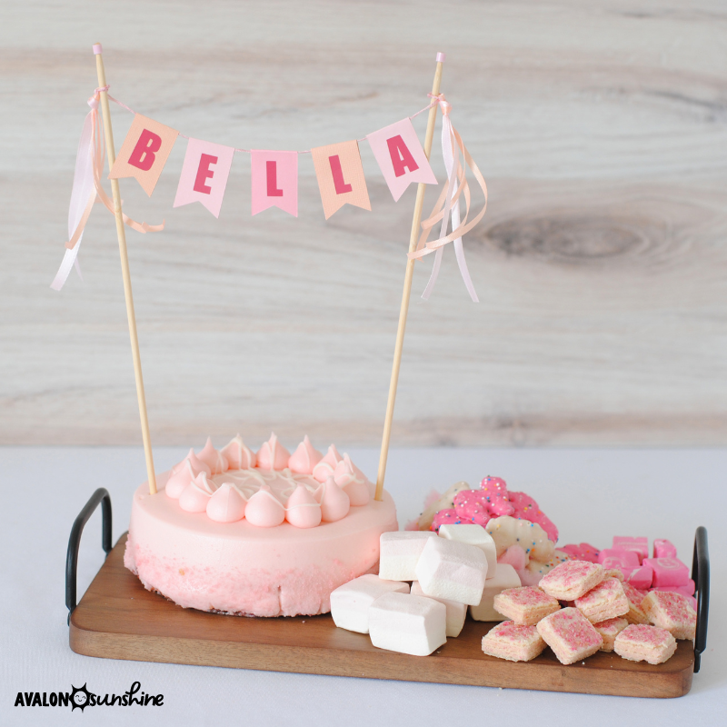 birthday charcuterie board idea for small party with cake and cake topper | personalized cake toppers by Avalon Sunshine