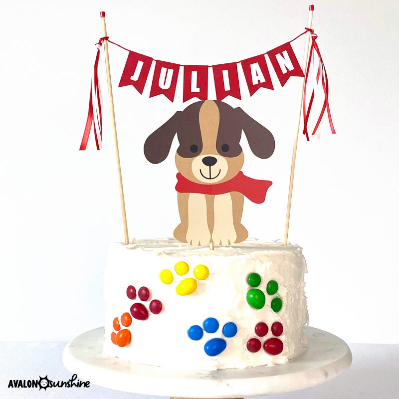 dog theme party cake with m&m paw prints | personalized cake toppers by Avalon Sunshine