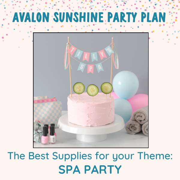 Pink birthday cake decorated for spa theme with personalized cake topper and cucumbers on top with spa supplies in the background | personalized cake toppers by Avalon Sunshine