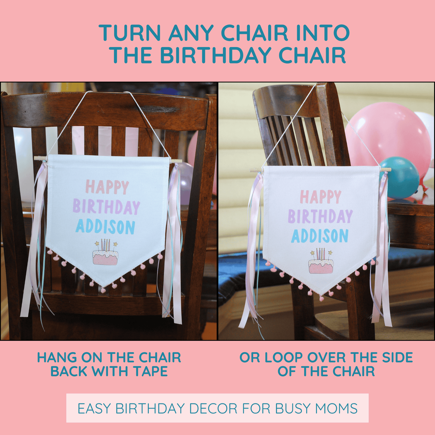 
                  
                    pastel canvas happy birthday banner shown two ways hanging on a chair
                  
                