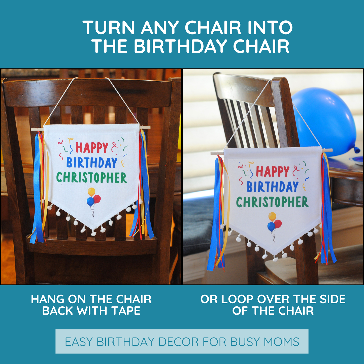 
                  
                    personalized canvas happy birthday banner shown hanging on a chair two different ways.
                  
                