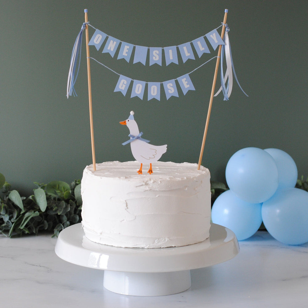 White cake with a goose topper in a party hat and light blue 'One Silly Goose' banner against a dark green background with balloons | cake toppers by Avalon Sunshine