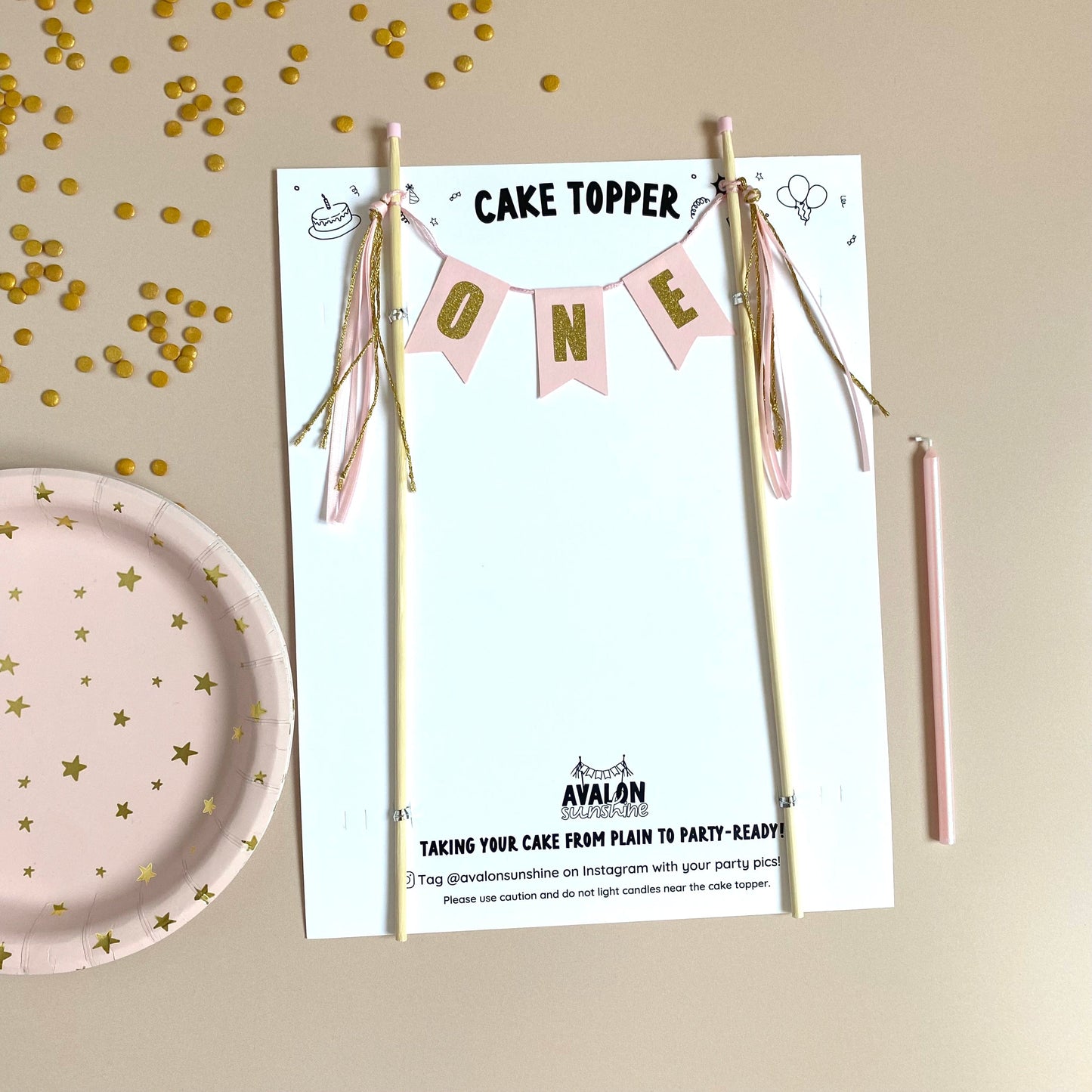Gold Glitter One Script Paper Cupcake Picks 6pk - Cake Decorations