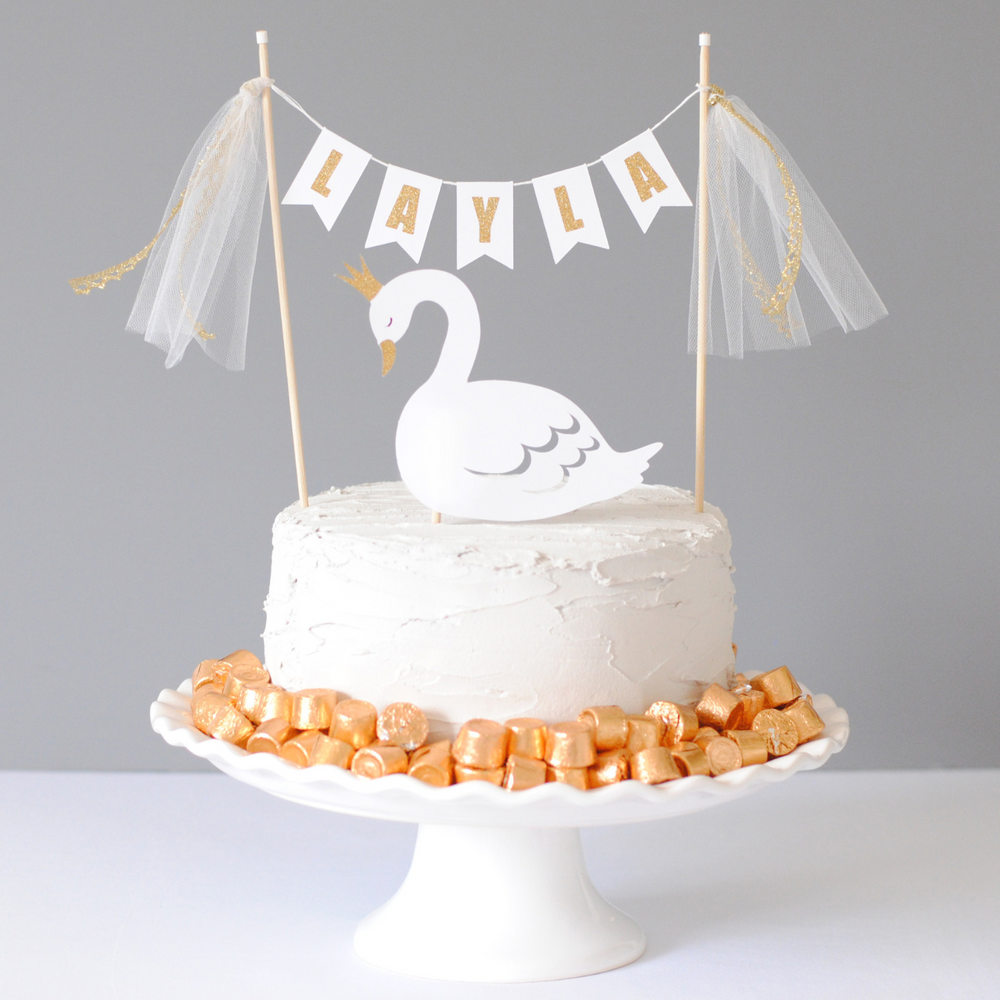 Swan Cake Topper with personalized name banner | Avalon Sunshine Cake Toppers