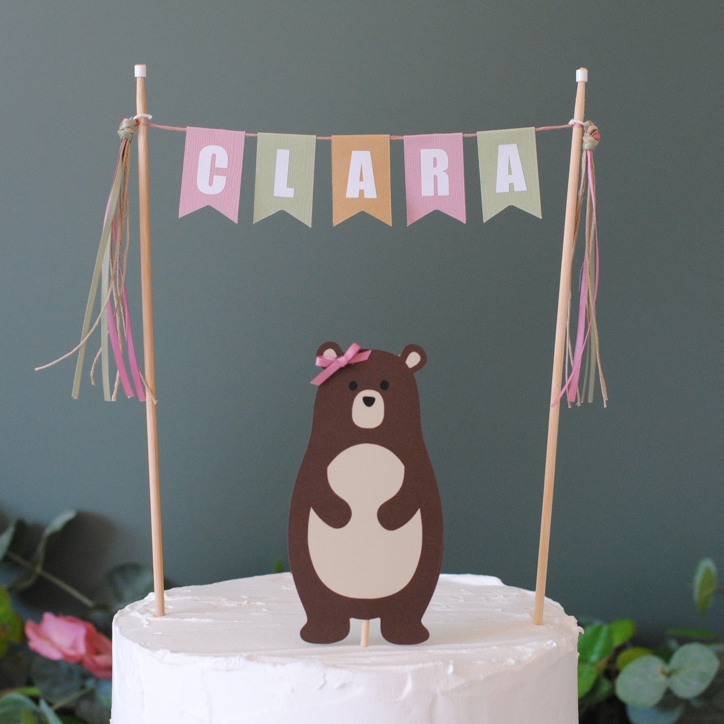 
                  
                    Bear Birthday Cake topper for girl's birthday with matching name banner | personalized cake toppers by Avalon Sunshine
                  
                