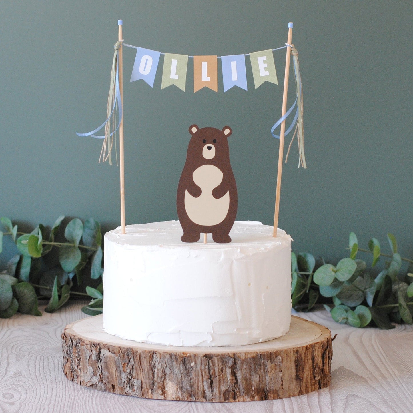 
                  
                    Blue and green bear themed birthday cake topper for kids birthday with matching name banner | personalized cake toppers by avalon sunshine
                  
                