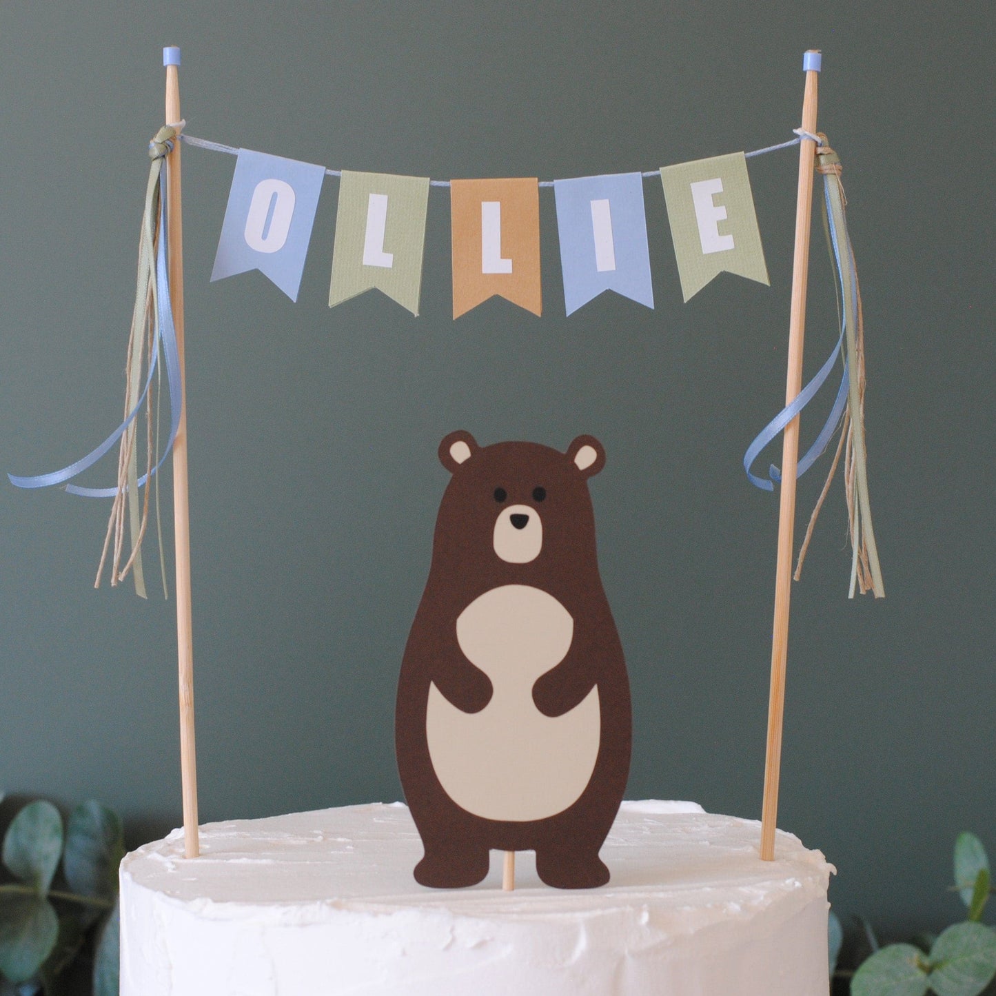 
                  
                    blue and green bear themed birthday cake topper set with name banner | personalized cake toppers by Avalon Sunshine
                  
                