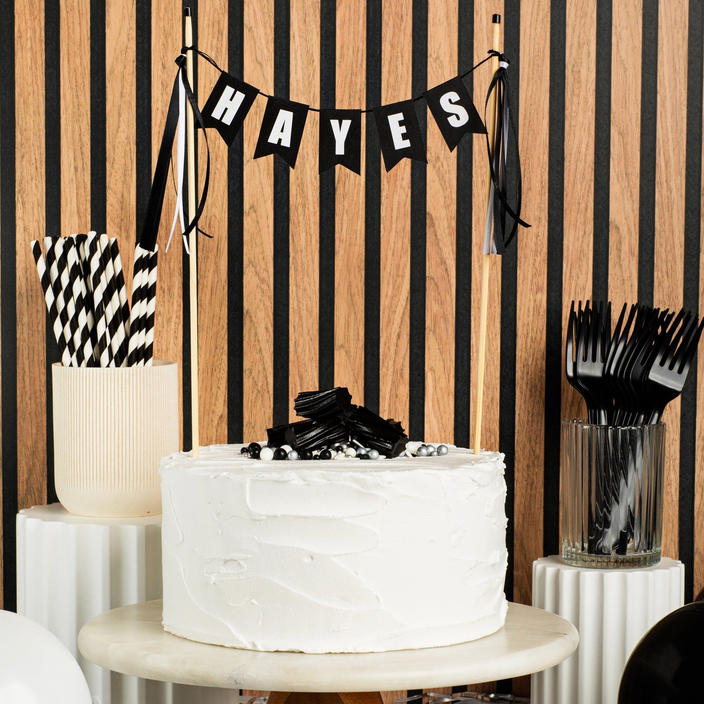 
                  
                    black and white birthday cake topper with name banner | personalized cake toppers by Avalon Sunshine
                  
                