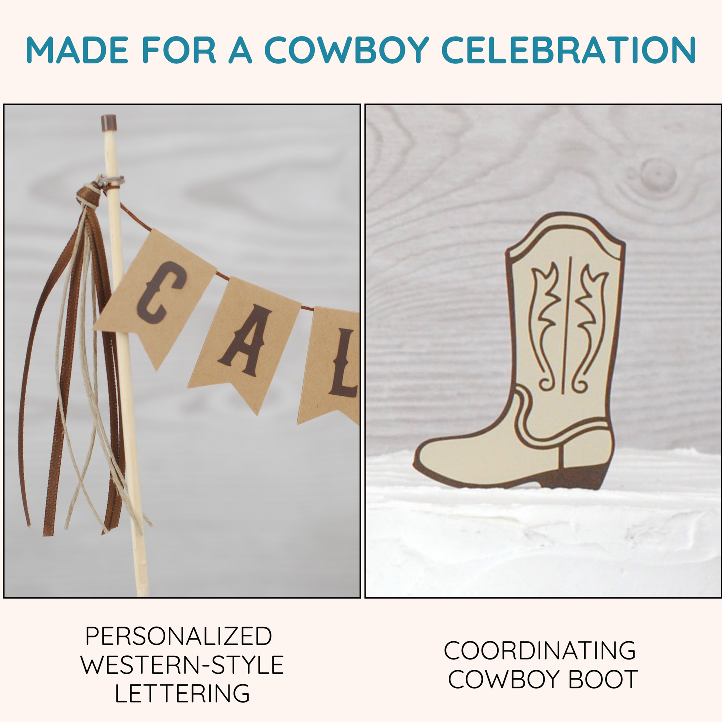
                  
                    A two-panel product graphic for a western-themed decoration set. The left panel shows a personalized banner with tan flag letters and brown letters and ribbon tassels on a stick, captioned 'Personalized Western-Style Lettering.
                  
                