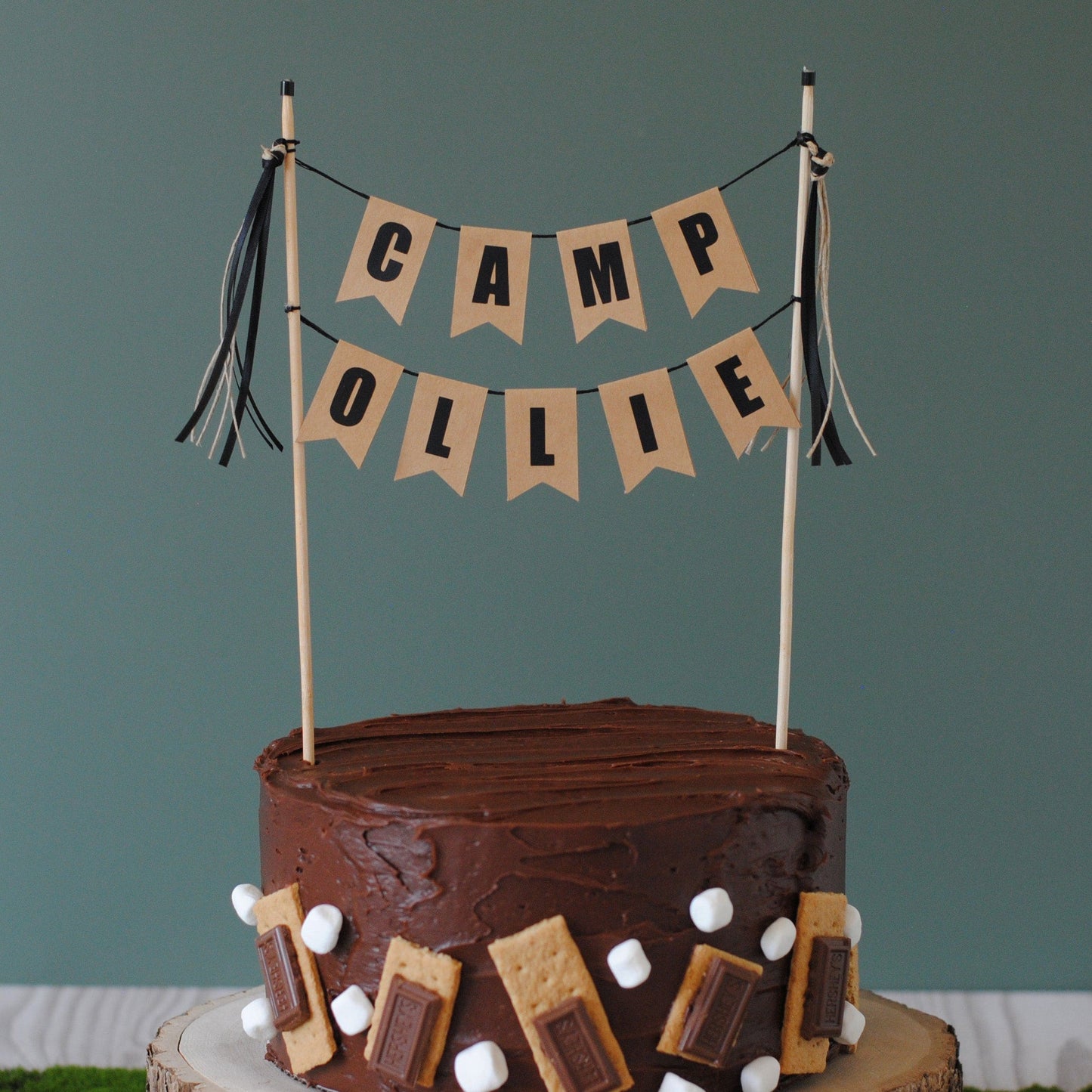 
                  
                    Chocolate s'mores cake with 'Camp Ollie' Cake Topper on a green background | personalized cake toppers by Avalon Sunshine
                  
                