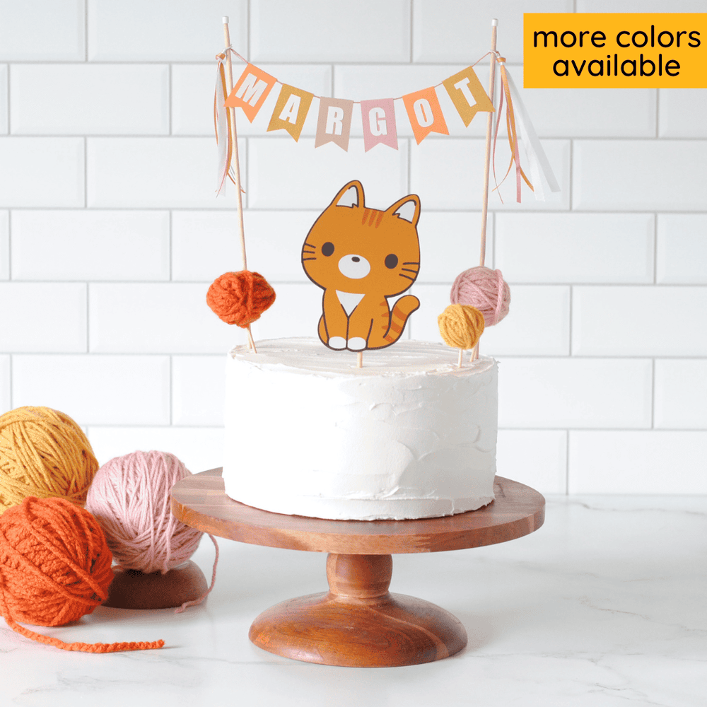 Cat birthday cake topper with name banner and yarn balls for kids birthday | personalized cake toppers by Avalon Sunshine