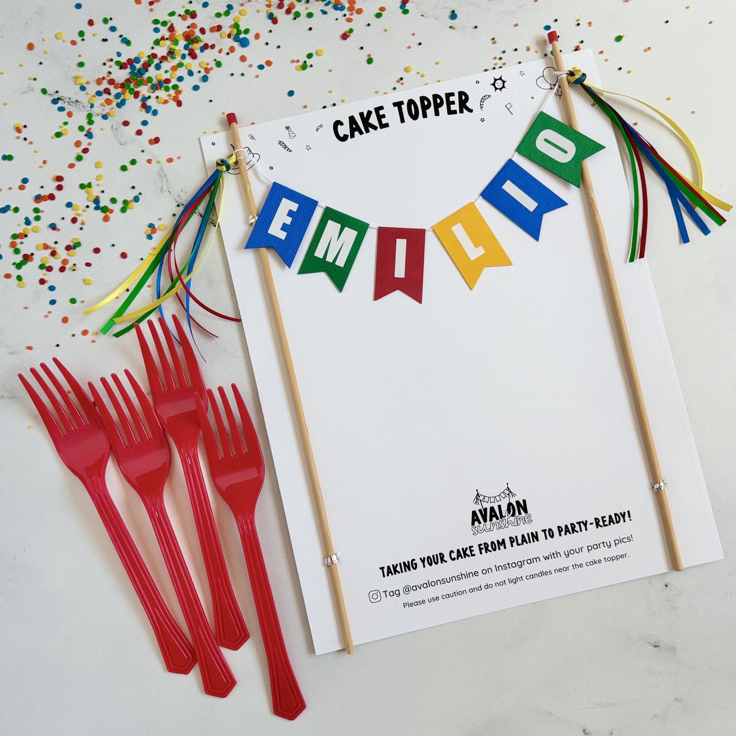 
                  
                    Kids Birthday Cake Topper banner with name in blue, green, red and yellow | personalized cake toppers by Avalon Sunshine
                  
                