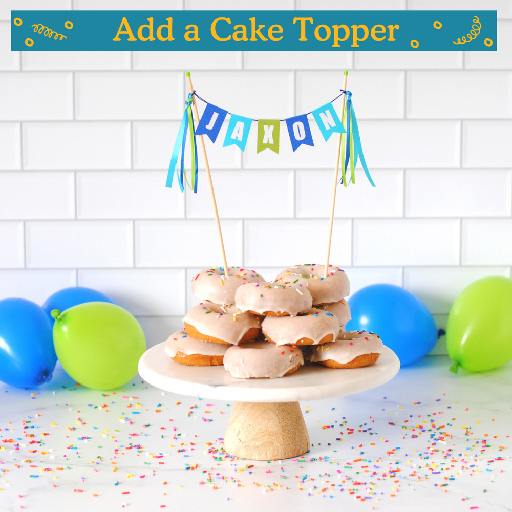 donuts stacked on a cake stand with a cake topper for birthday | cake topper by Avalon Sunshine