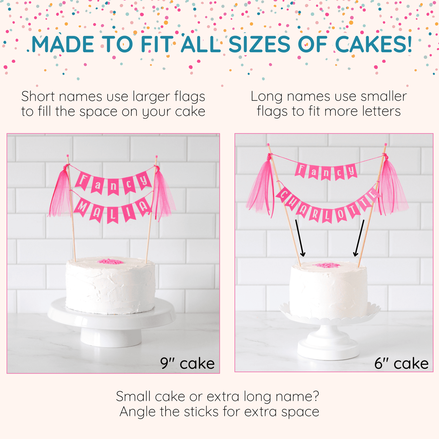 
                  
                    Cake toppers with pink tassels and Fancy Nancy (name) banner on a white cake against a white tiled wall.
                  
                