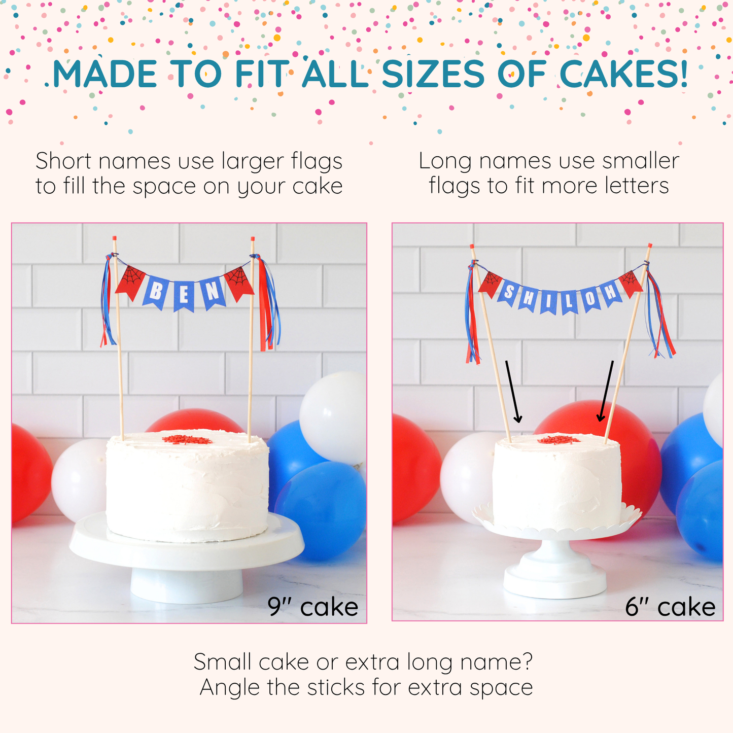 
                  
                    two spiderman cake toppers shown on different sizes of cakes for comparison.  personalized cake toppers are shown on white frosted round cakes with balloons in the background

                  
                