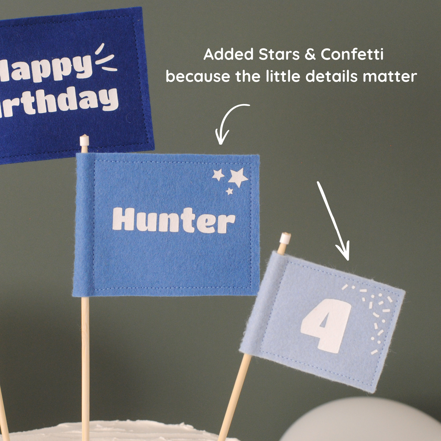 
                  
                    Close-up details of felt flag cake toppers in shades of blue.  Name flag has stars in the corner and age flag has confetti details. 
                  
                