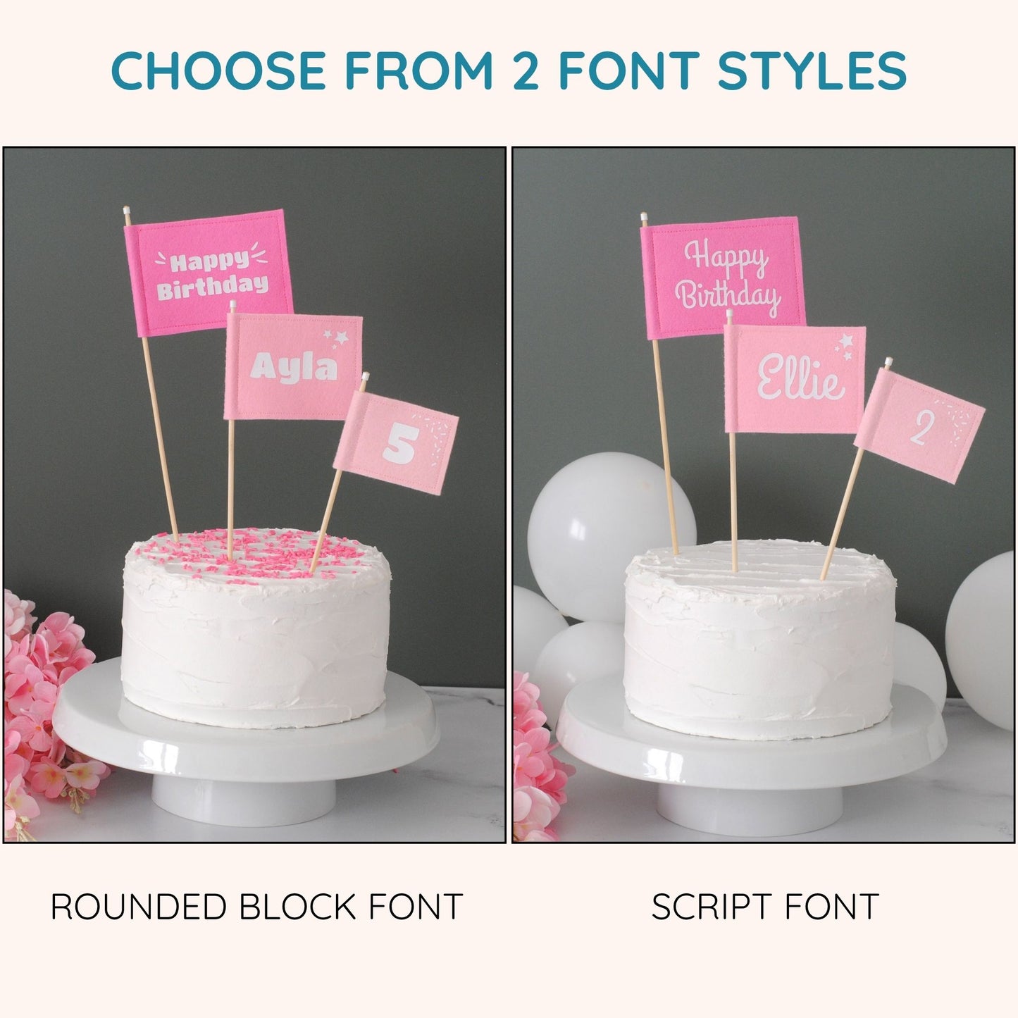 
                  
                    Set of 3 Felt Flag cake topper flags in varying shades of pink.  Big flag has HAPPY BIRTHDAY. Medium flag is personalized with Name.  Small flag is personalized with age.  Shown with 2 font variations available for ordering. 
                  
                
