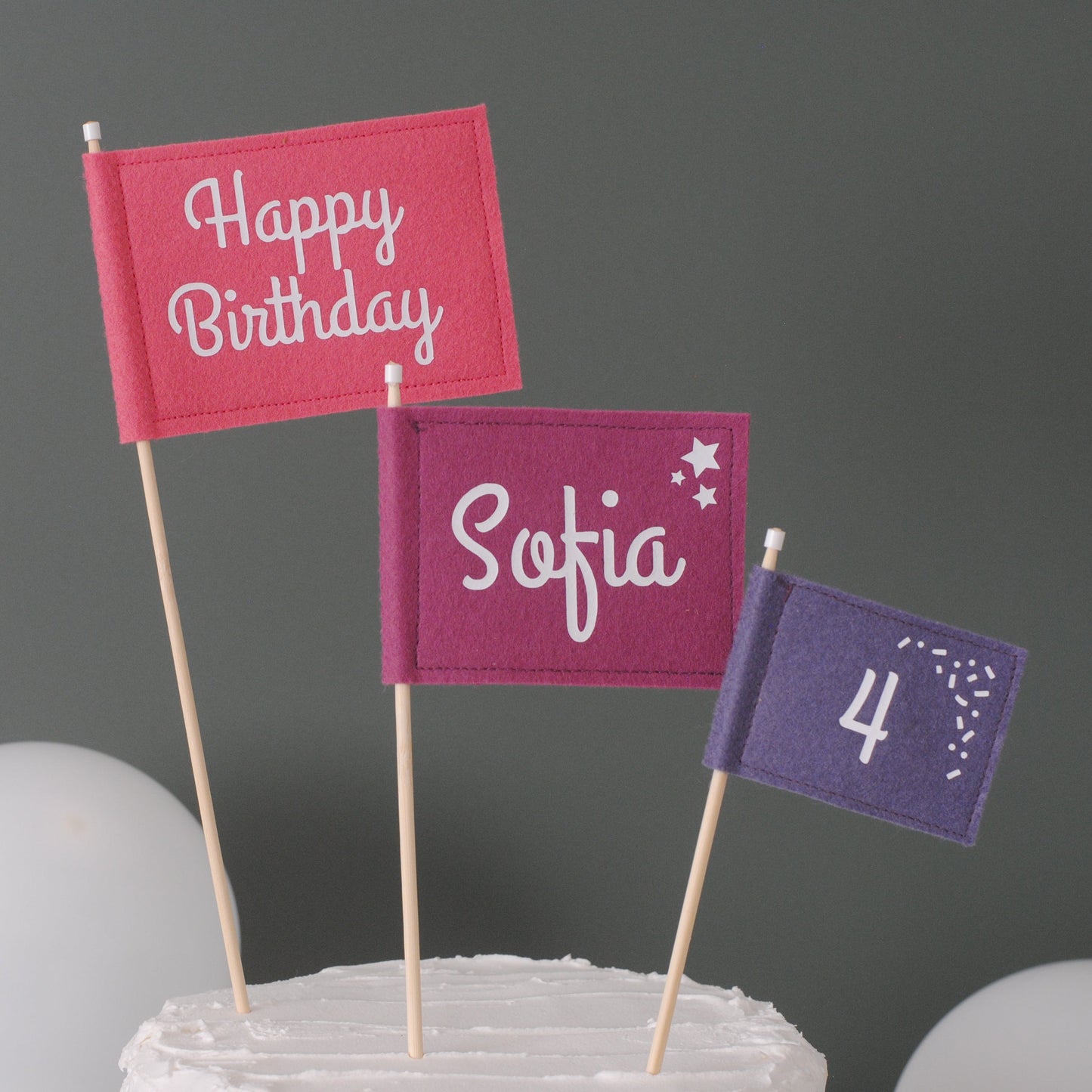 Set of 3 felt flags: cake topper set.  Coral color with HAPPY BIRTHDAY, plum with name SOFIA, and purple with age 4. 