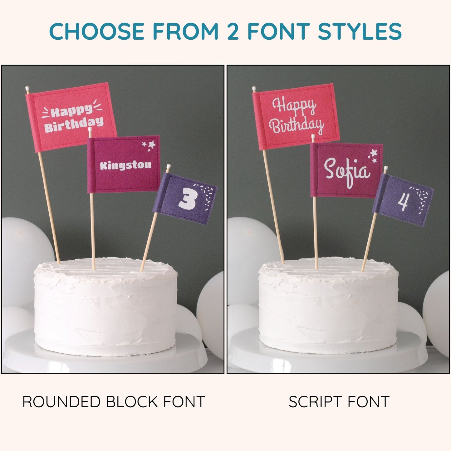
                  
                    Happy Birthday Felt Cake Topper Set in berry colors, personalized with name and age, showing two different font options.
                  
                