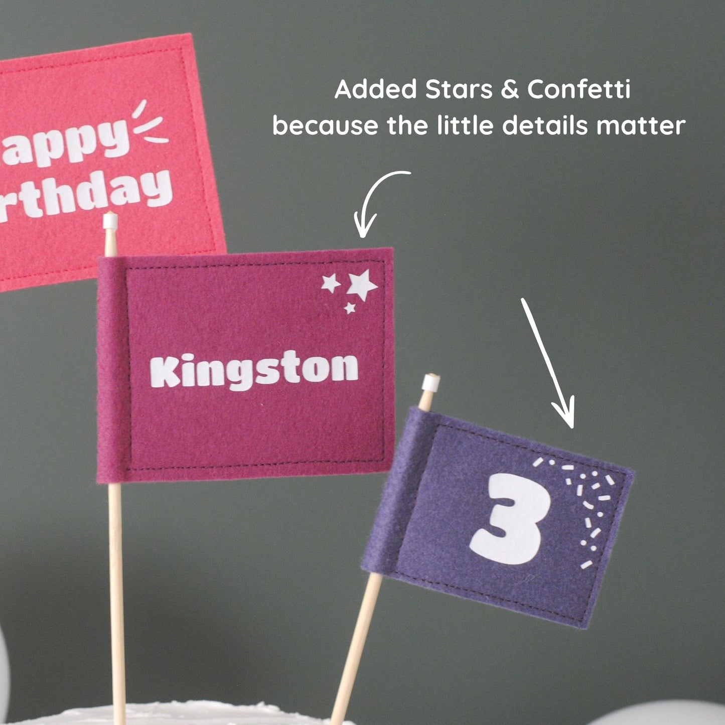 
                  
                    close-up details of personalized felt flag cake topper set showing star details on name flag and confetti on the age flag
                  
                