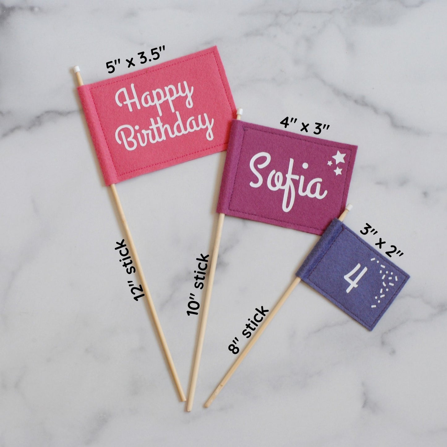 
                  
                    Happy Birthday felt flag set shown with measurements of the sticks and the felt flags in 3 sizes
                  
                