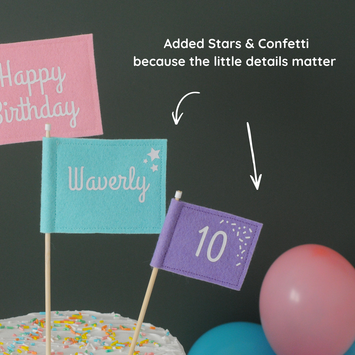 
                  
                    Close up details of felt flag birthday cake toppers with stars next to the NAME personalization and confetti next to the AGE personalization. 
                  
                