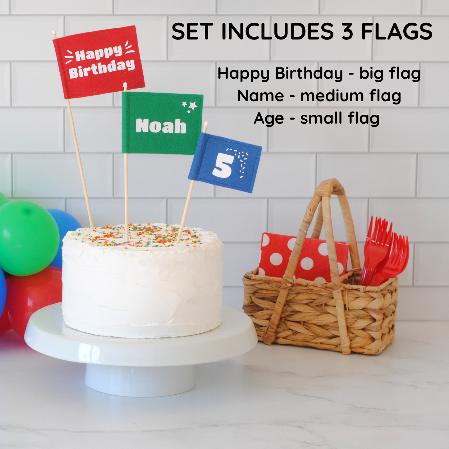 
                  
                    felt flag cake topper set with 3 flags: red with HAPPY BIRTHDAY, green personalized with NAME, and blue personalized wth AGE.
                  
                