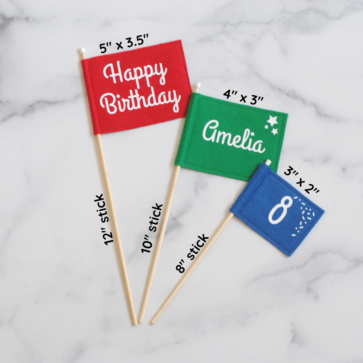 
                  
                    felt flag cake topper set with 3 flags: red with HAPPY BIRTHDAY, green personalized with NAME, and blue personalized wth AGE: showing measurements of flags and sticks for all 3
                  
                