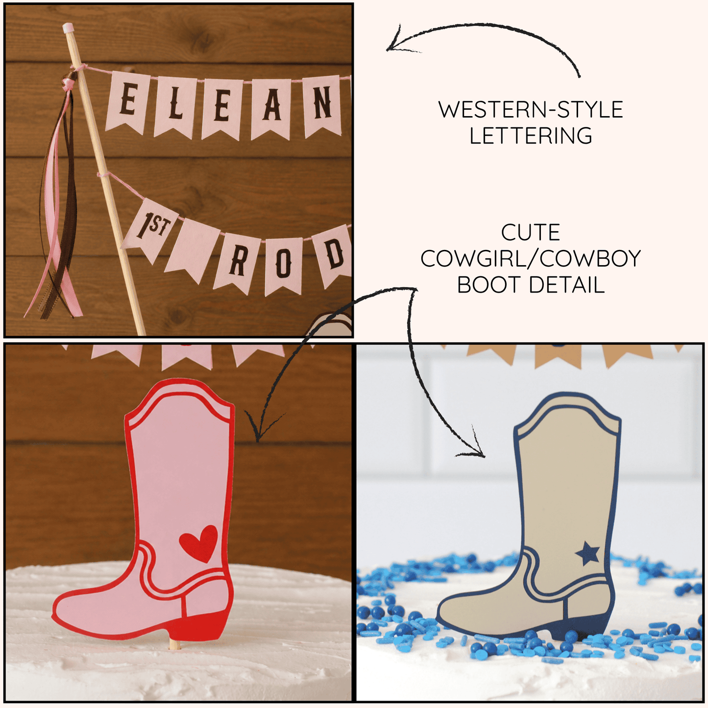 
                  
                    1st rodeo cake topper details with western lettering and a cowboy boot
                  
                