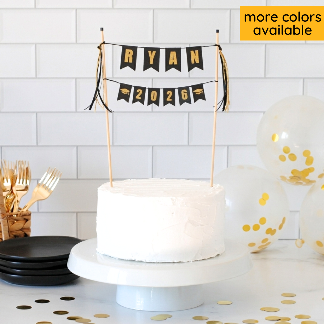 2026 graduation cake topper in black and gold personalized with name