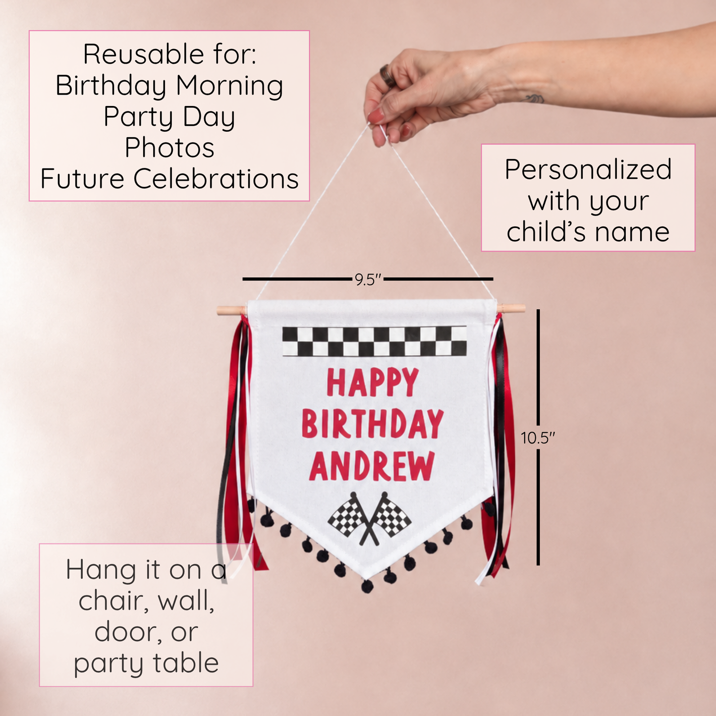 
                  
                    Personalized birthday banner with checkered flags and text, held by a hand against a pink background.
                  
                
