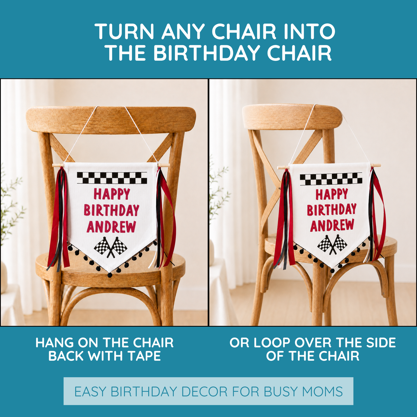 
                  
                    Wooden chair with a birthday banner hanging on it, with text about turning any chair into a birthday chair.
                  
                