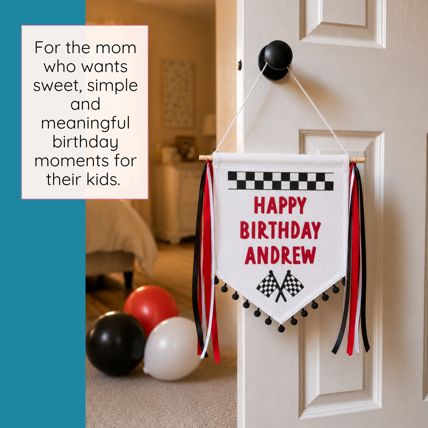 
                  
                    Personalized racing theme birthday banner hanging on a door with balloons on the floor.
                  
                