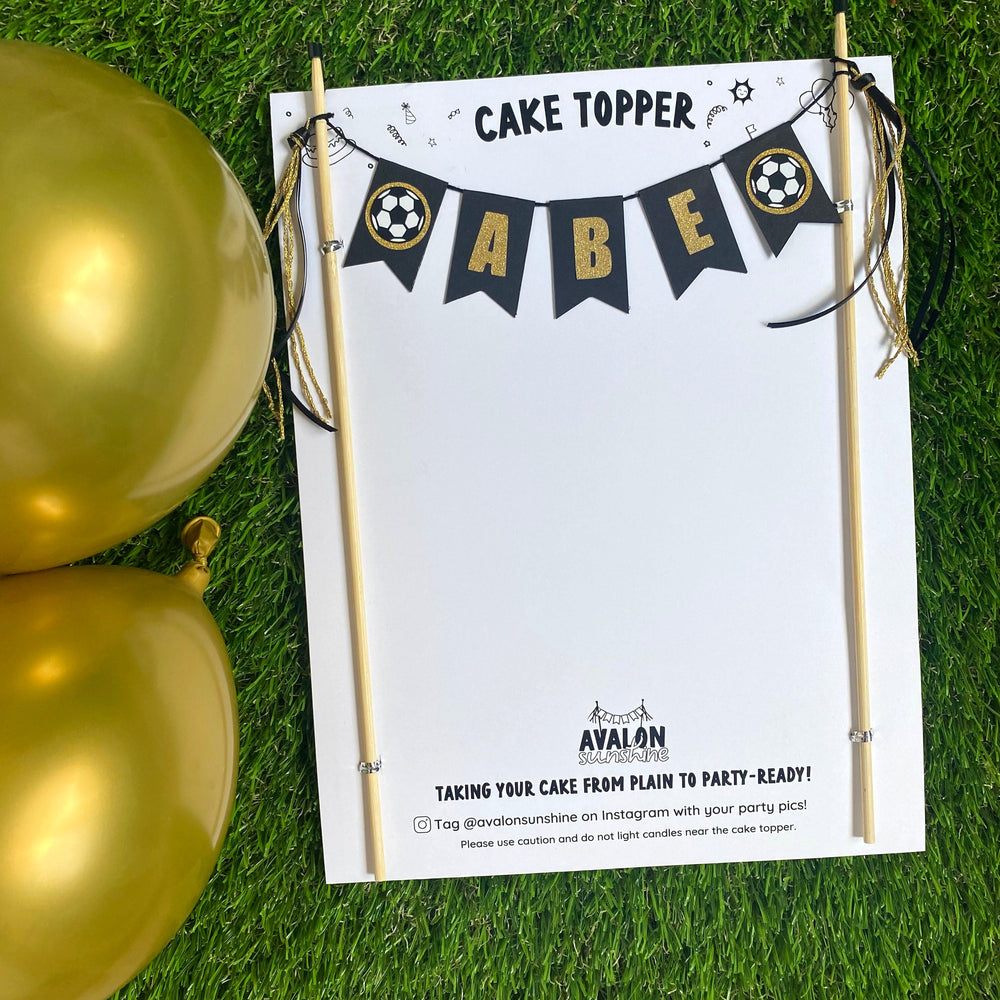 
                  
                    black and gold soccer theme birthday cake topper with name | personalized cake toppers by Avalon Sunshine
                  
                
