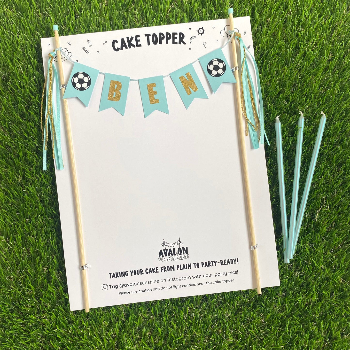 
                  
                    soccer birthday cake topper in light aqua and gold personalized with name | cake toppers by Avalon Sunshine
                  
                