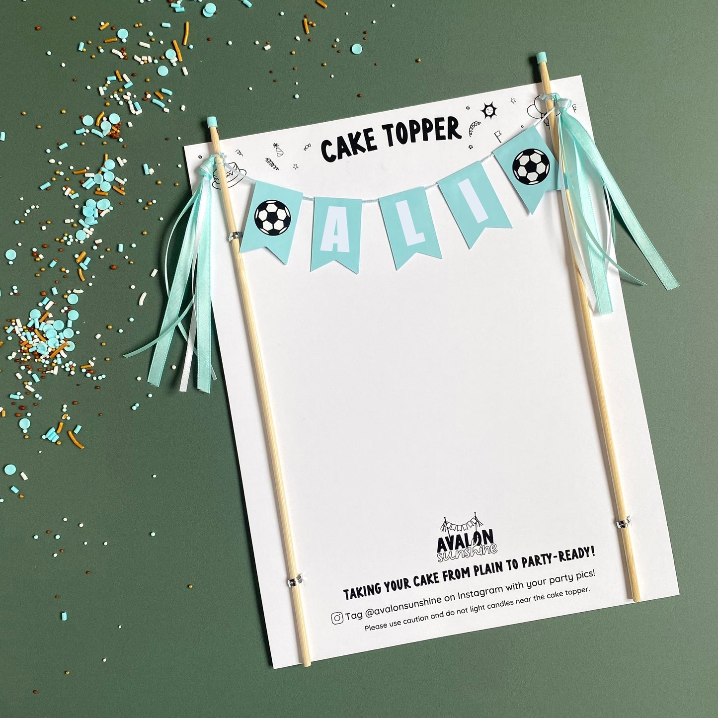 
                  
                    Soccer birthday cake topper in light aqua and white personalized with name | cake toppers by Avalon Sunshine
                  
                