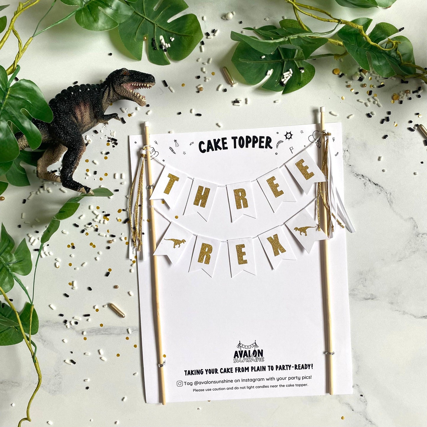
                  
                    white and gold three rex birthday cake topper for dinosaur third birthday | cake toppers by Avalon Sunshine
                  
                