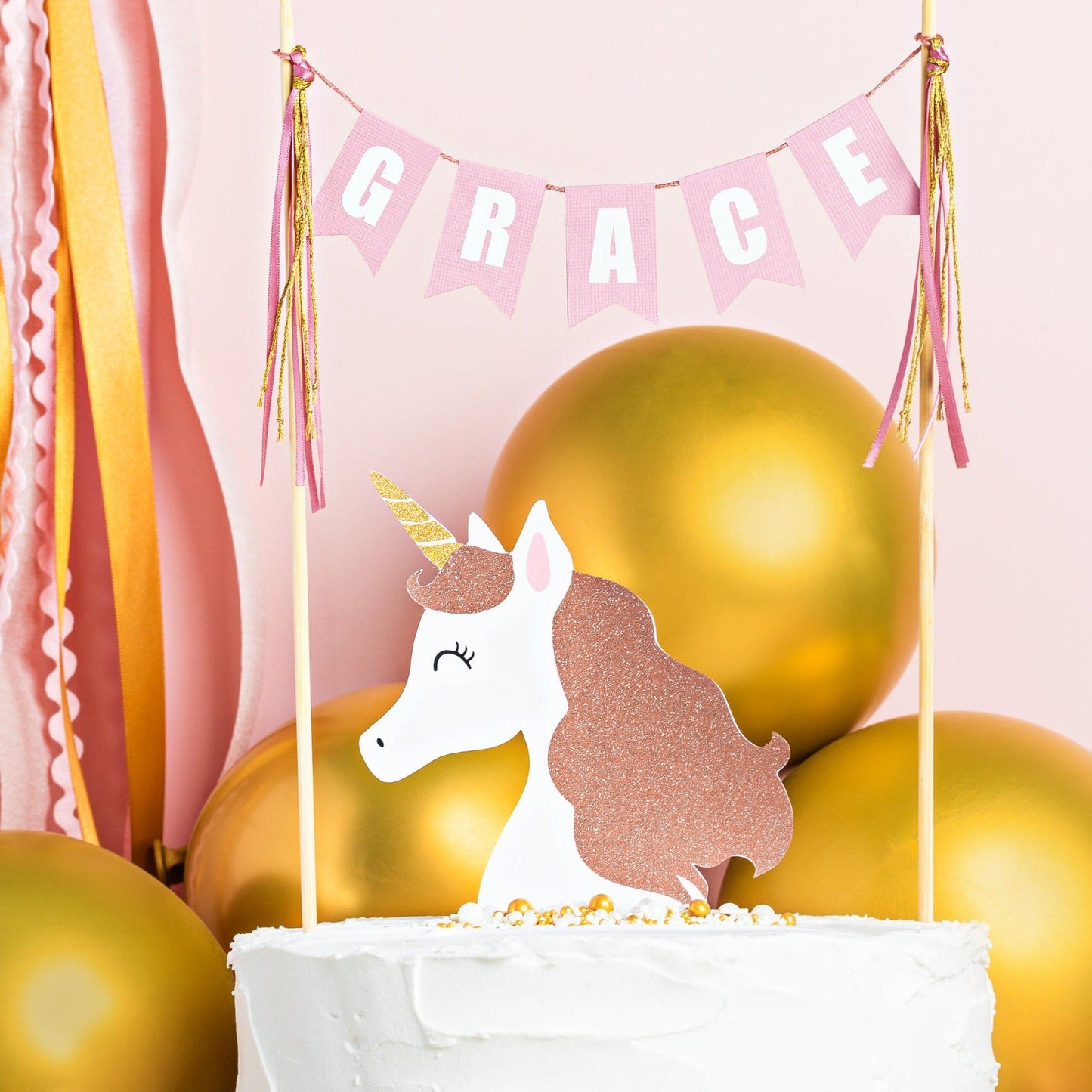 
                  
                    unicorn birthday cake topper with name banner | personalized cake toppers by Avalon Sunshine
                  
                