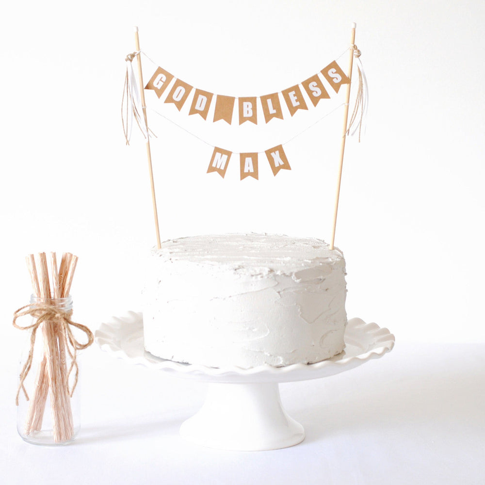 
                  
                    personalized baptism or first communion cake topper in neutral colors
                  
                